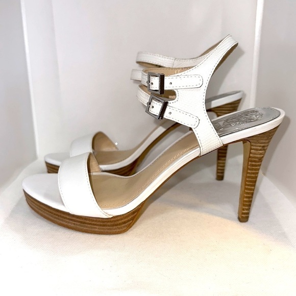 Vince Camuto Strappy White Stilettos with Stacked Wood Heel Sz 9.5 - EUC - Picture 2 of 13
